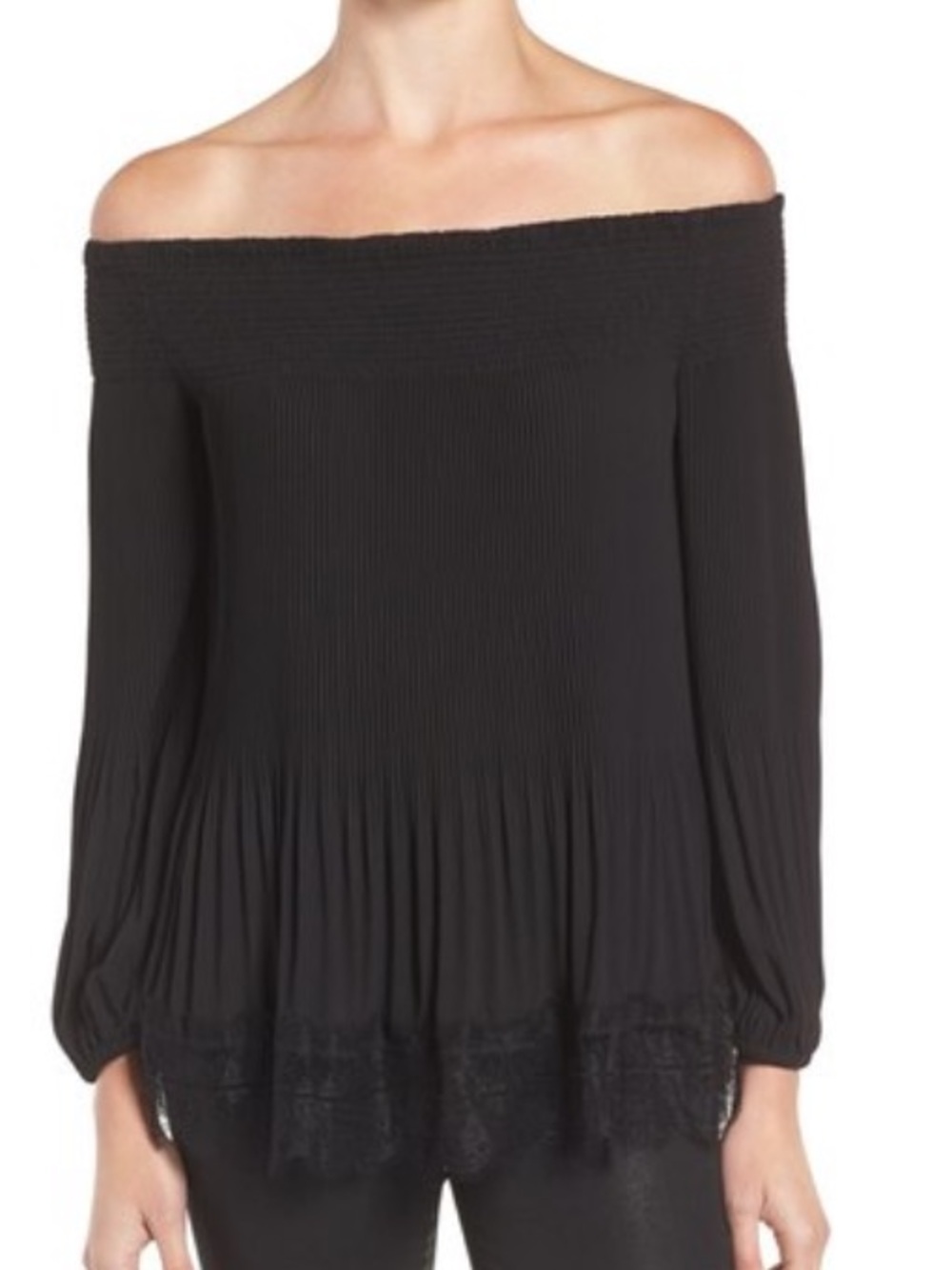 Chelsea28 Womens Pleated Off The Shoulder Lace Trim Top Black Small S